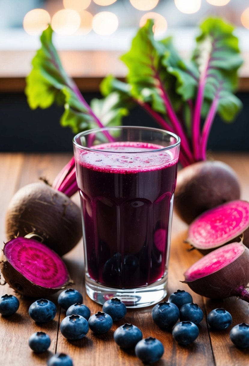 A glass of blueberry and beetroot juice surrounded by fresh blueberries and beetroots on a wooden table