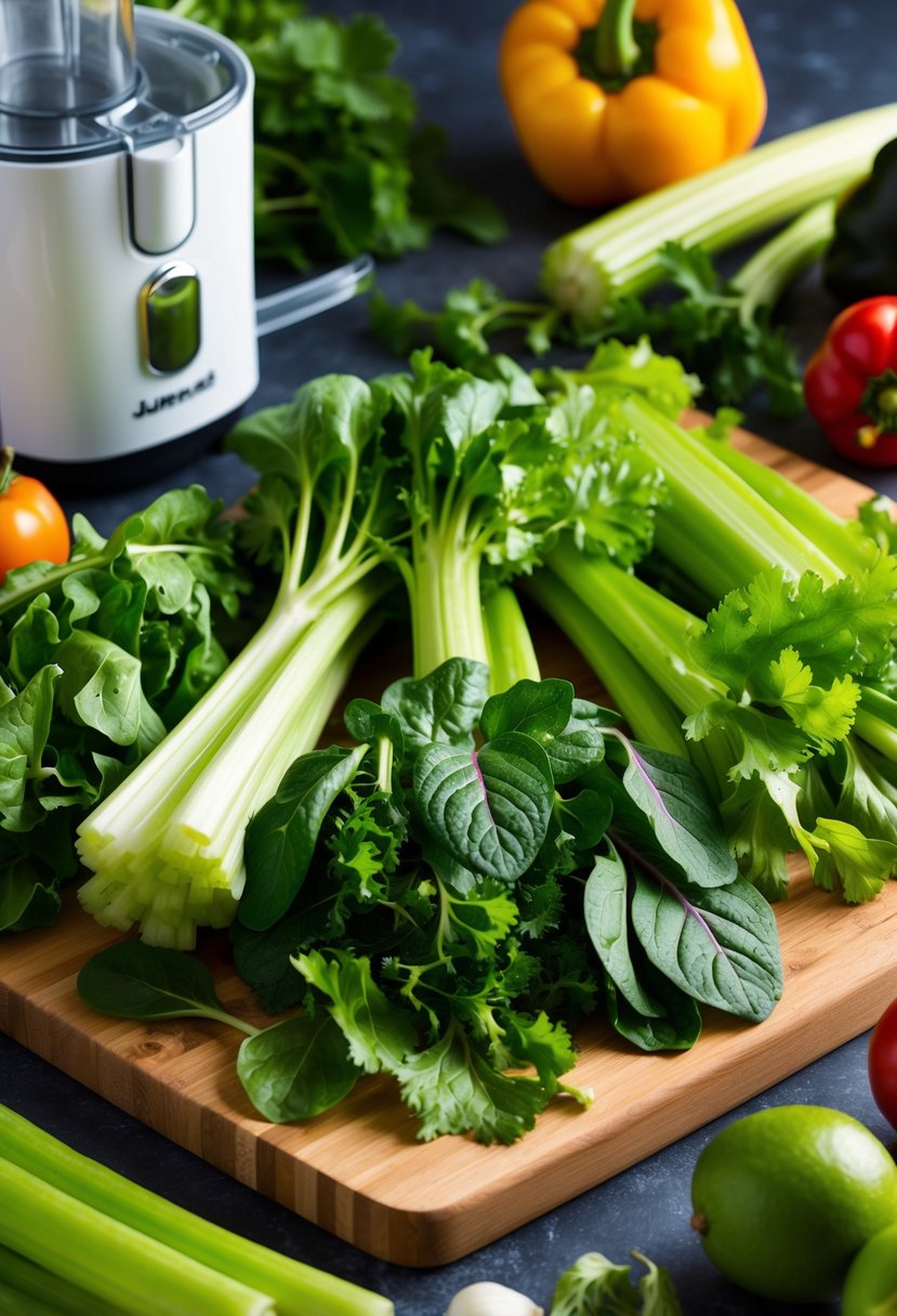 A colorful array of leafy greens and celery arranged on a wooden cutting board, surrounded by fresh vegetables and a juicer