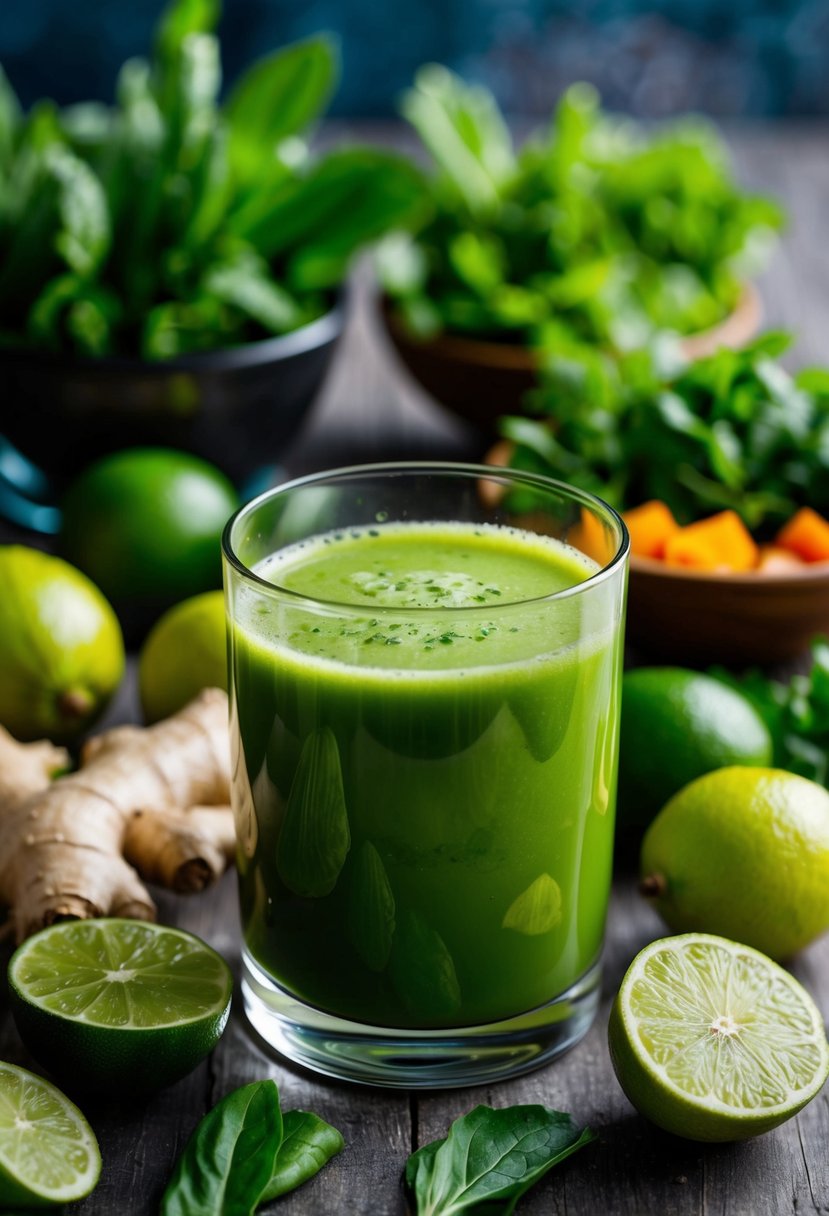 A glass of vibrant green juice surrounded by fresh ginger, limes, and assorted vegetables