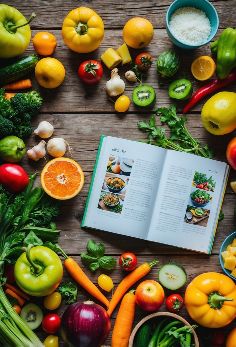 A colorful array of fresh fruits, vegetables, and cooking utensils scattered on a rustic wooden table. A cookbook lies open, with vibrant recipe images