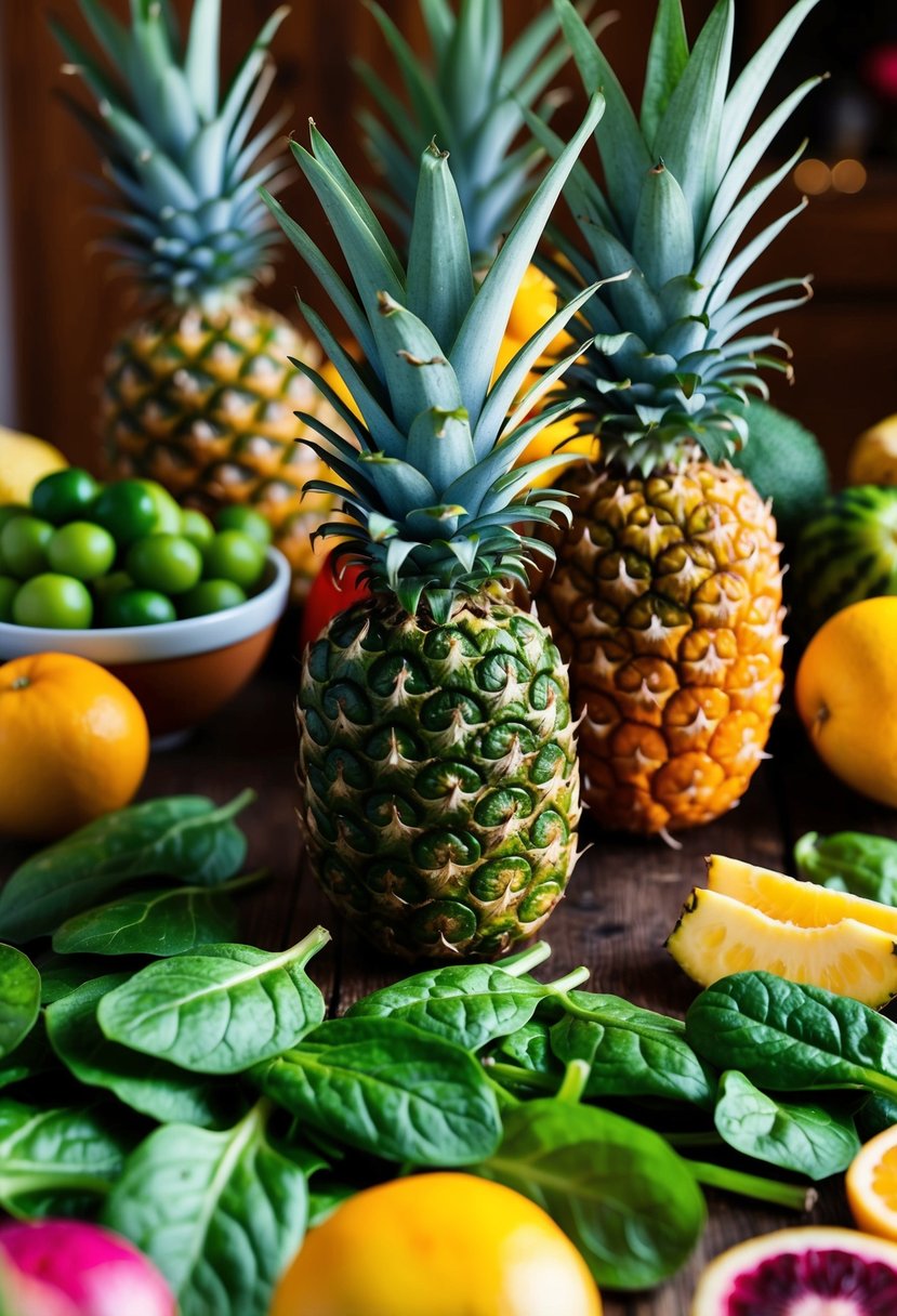 A colorful array of fresh spinach leaves and ripe pineapples sit on a wooden table, surrounded by vibrant tropical fruits and vegetables