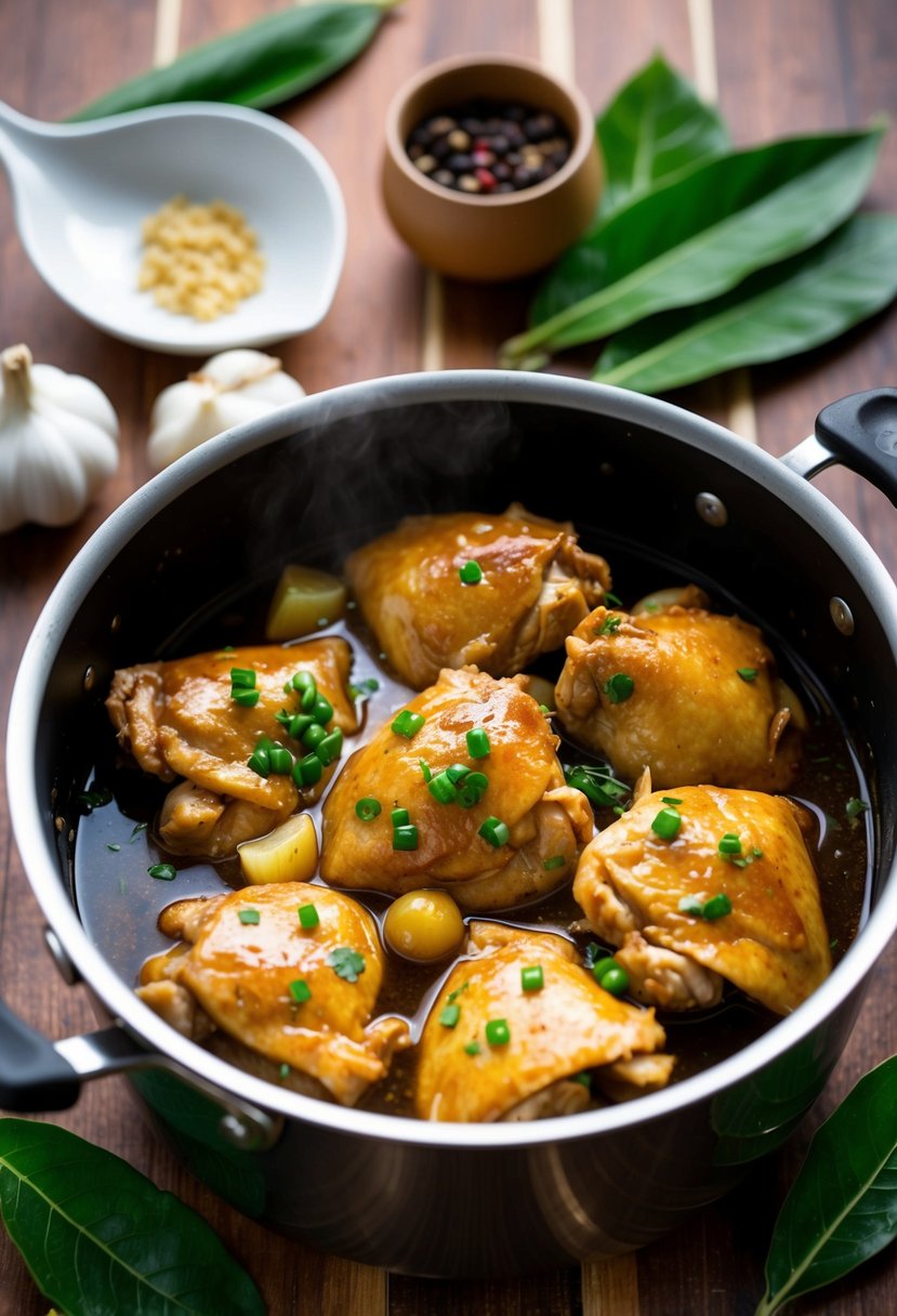 A simmering pot of Filipino Chicken Adobo with garlic, soy sauce, and vinegar, surrounded by fresh ingredients like bay leaves and peppercorns