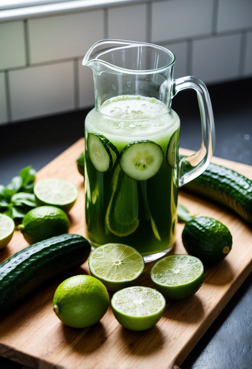 A glass pitcher filled with cucumber-lime hydrator juice surrounded by fresh cucumbers and limes on a wooden cutting board