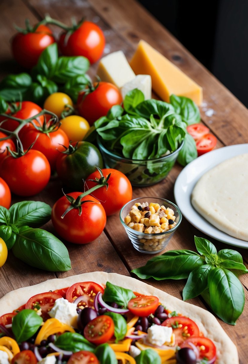 A colorful array of fresh ingredients, including tomatoes, basil, cheese, and various toppings, laid out on a wooden table next to rolled out pizza dough