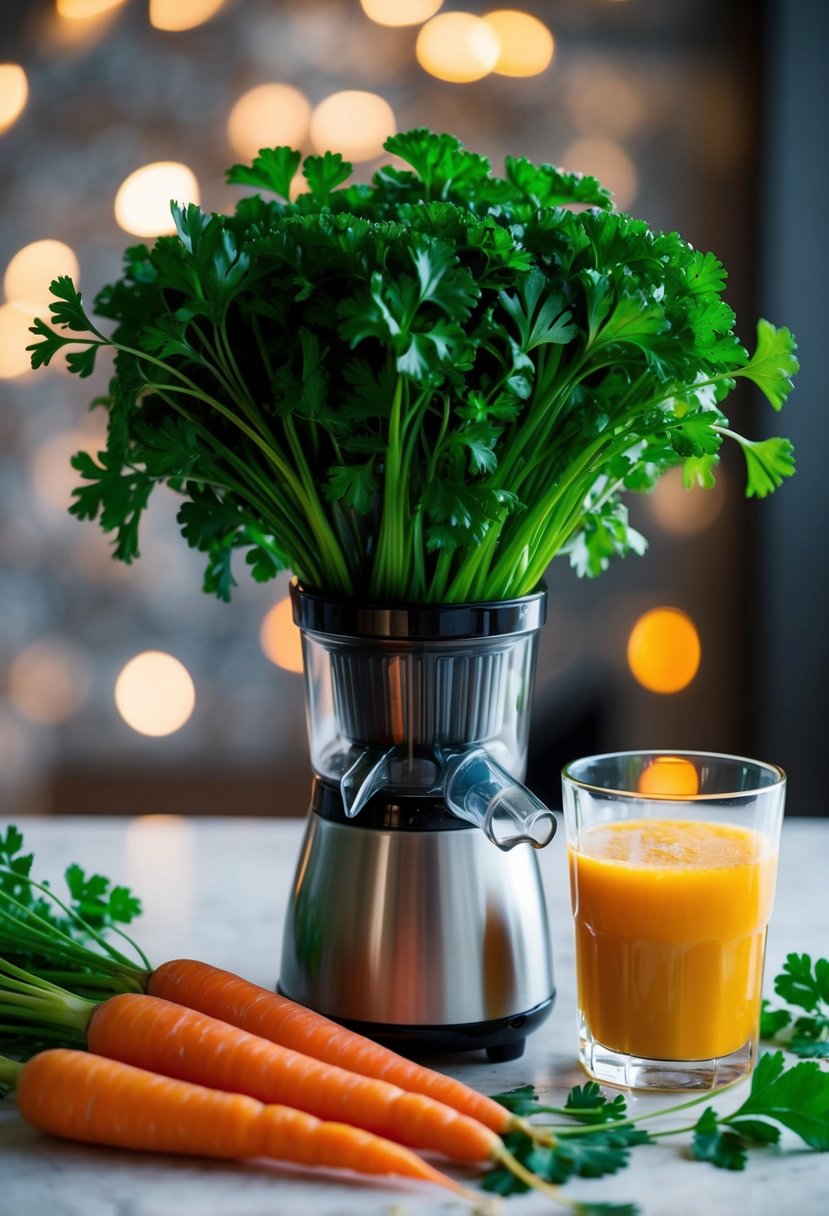 A vibrant bunch of fresh parsley and carrots, surrounded by a juicer and glass of colorful vegetable juice