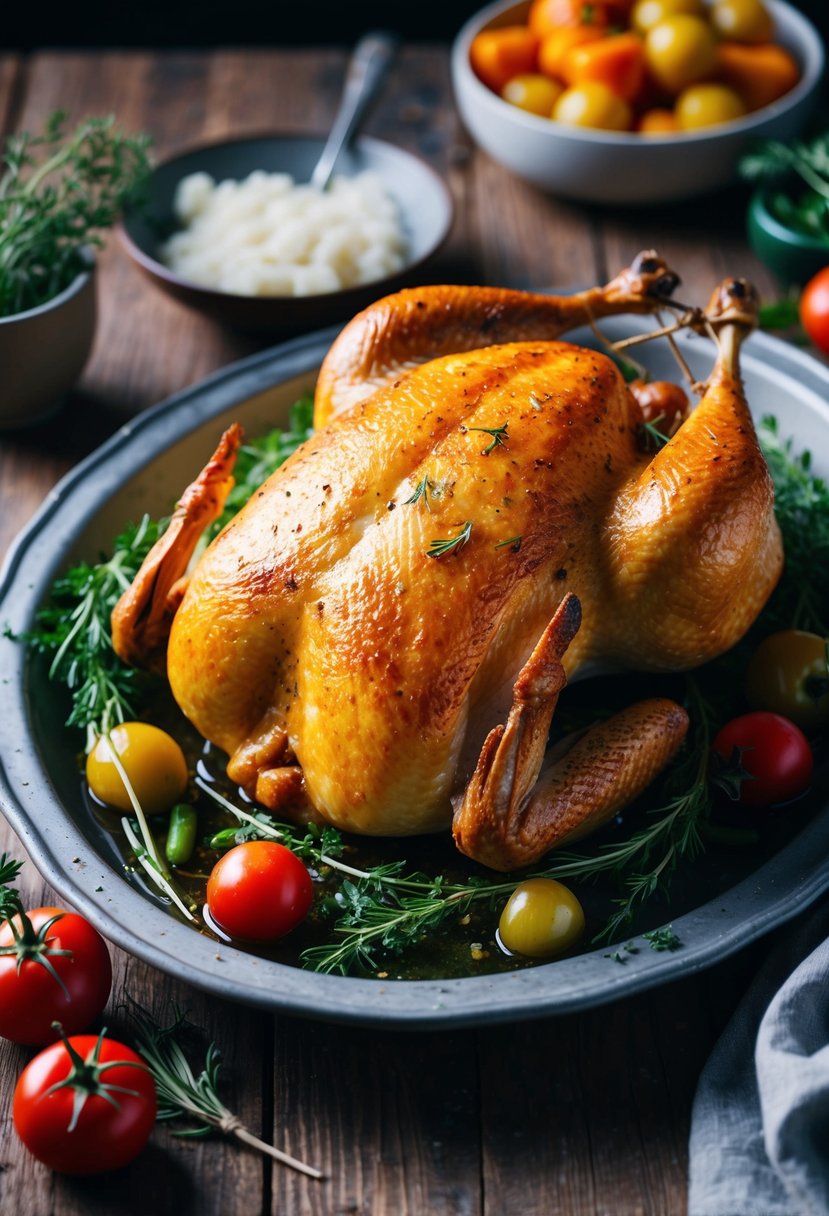 A golden roast chicken surrounded by herbs and vegetables on a rustic wooden table