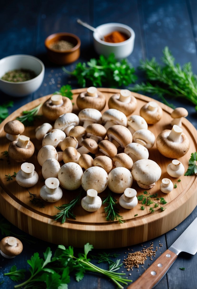 A variety of mushrooms arranged on a wooden cutting board with fresh herbs and spices scattered around