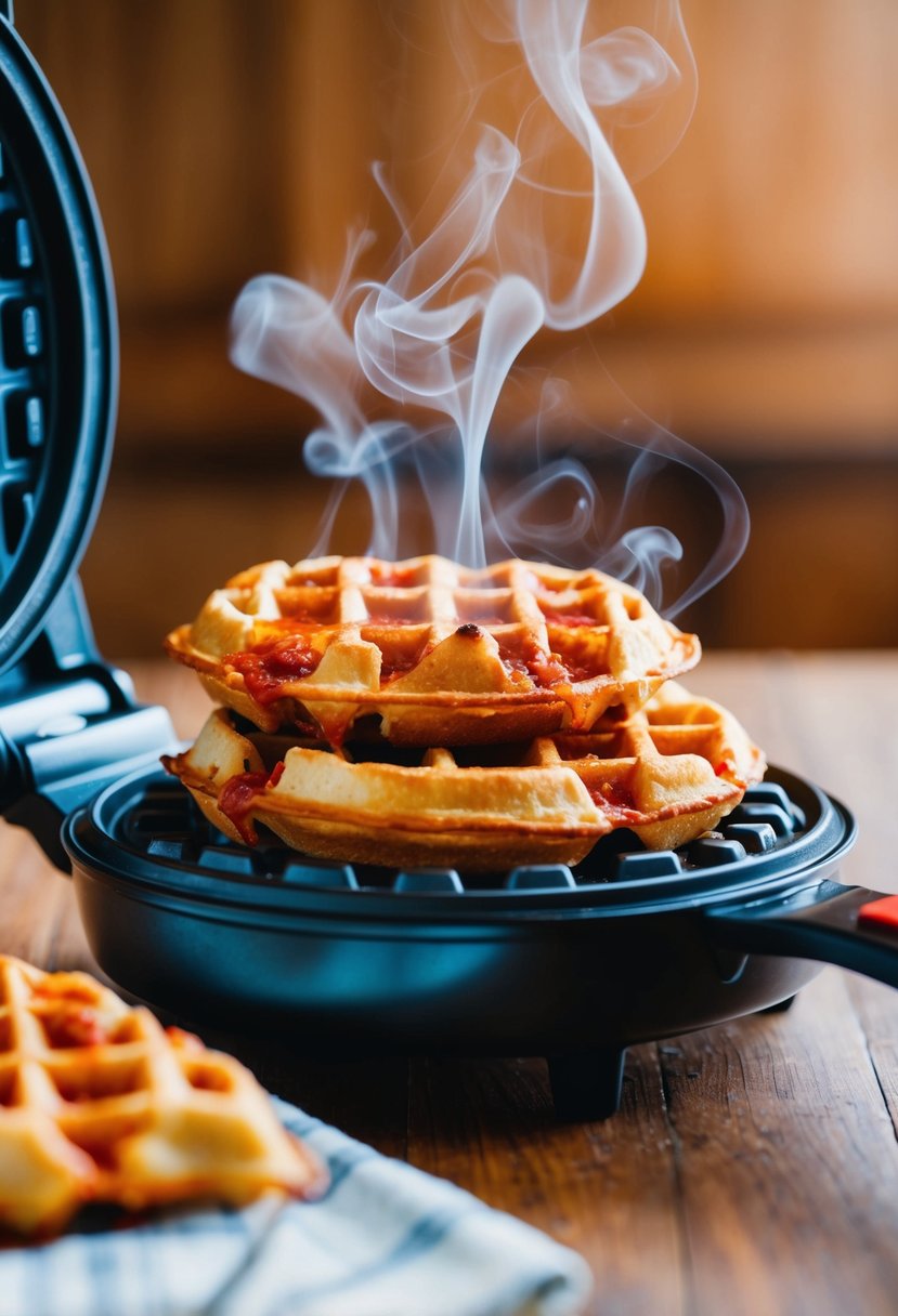 Pizza pockets sizzling in a waffle maker, steam rising, golden brown and crispy