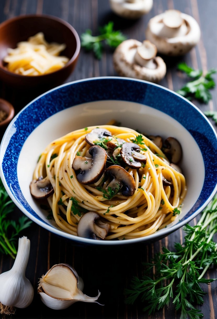 A steaming bowl of miso mushroom pasta, surrounded by fresh mushrooms, garlic, and herbs