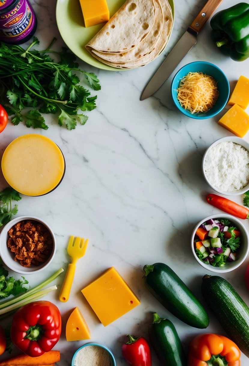 Colorful ingredients scattered around a kitchen counter, including cheese, tortillas, vegetables, and a variety of fillings. A child-friendly kitchen tool set is also visible