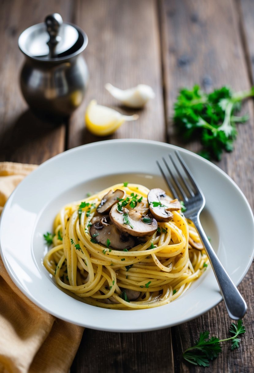 A steaming plate of mushroom and garlic spaghetti, garnished with fresh herbs, sits on a rustic wooden table. A fork rests beside the dish