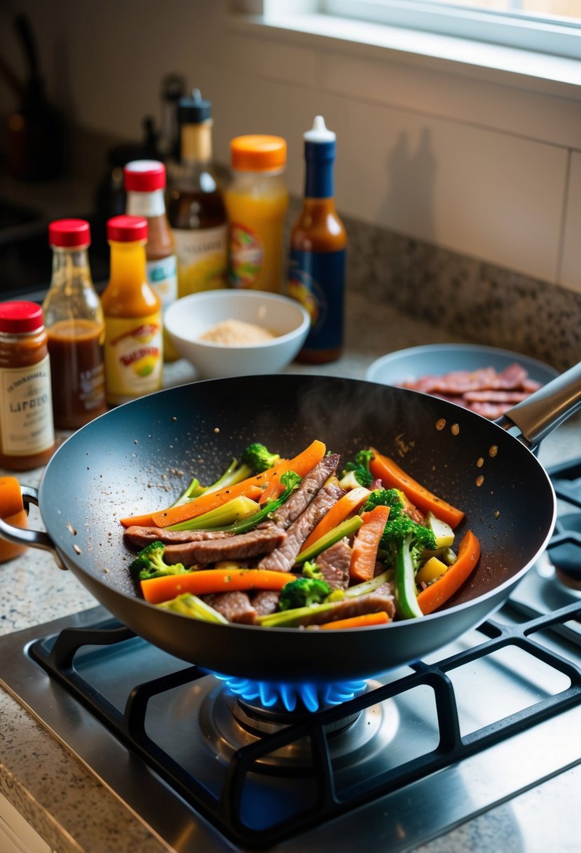 A sizzling wok filled with colorful vegetables and strips of meat, surrounded by various bottles of sauces and spices on a kitchen counter