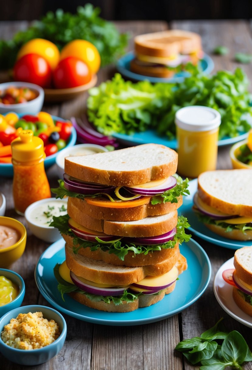 A colorful spread of fresh ingredients and vibrant condiments arranged around a stack of hearty sandwiches on a rustic wooden table