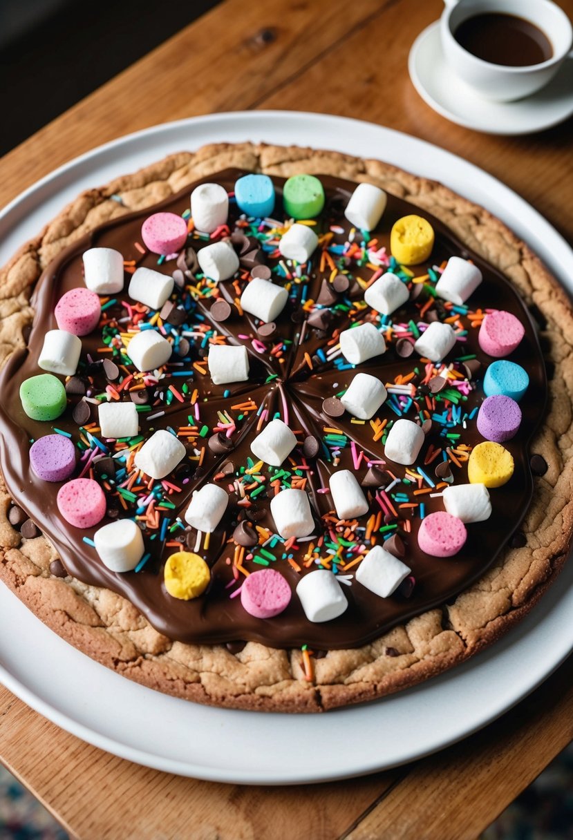 A large Nutella cookie pizza topped with various colorful and fun ingredients, such as marshmallows, sprinkles, and chocolate chips, sits on a wooden table