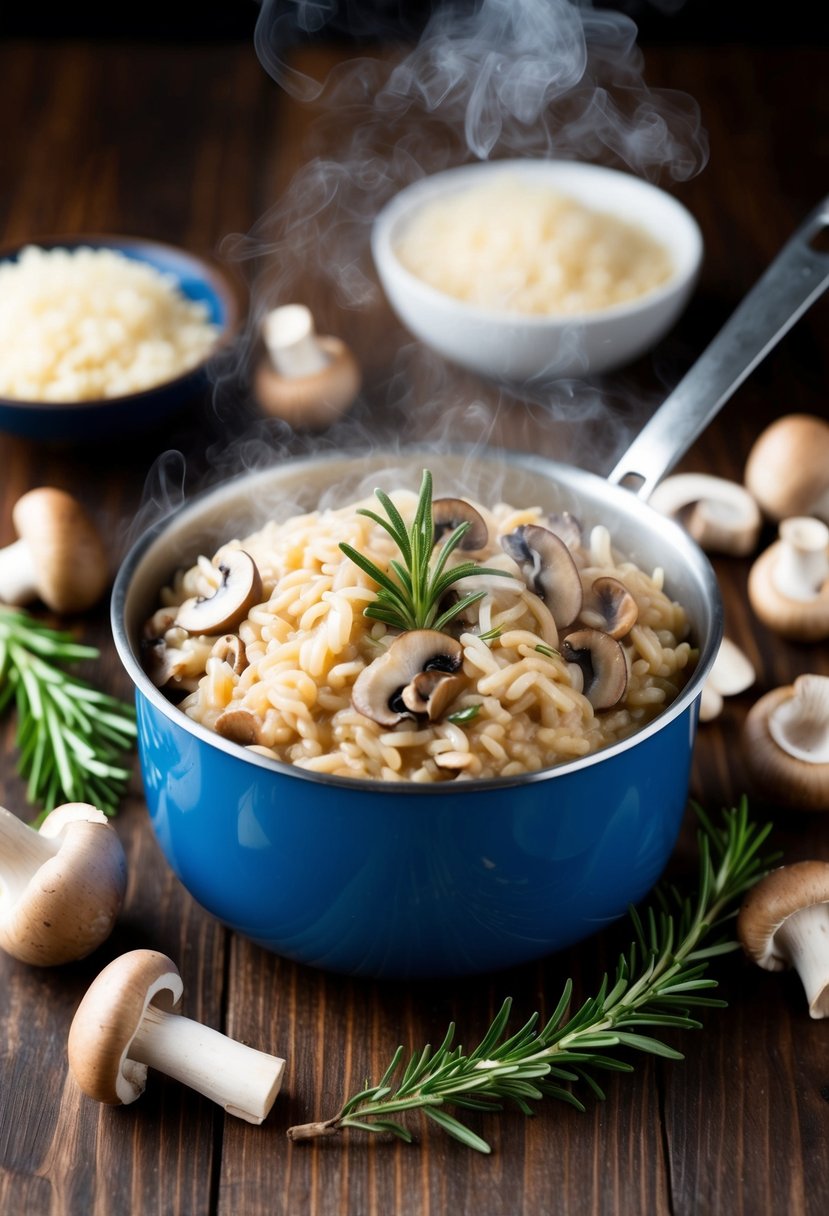 A steaming pot of mushroom risotto surrounded by fresh mushrooms and a sprig of rosemary