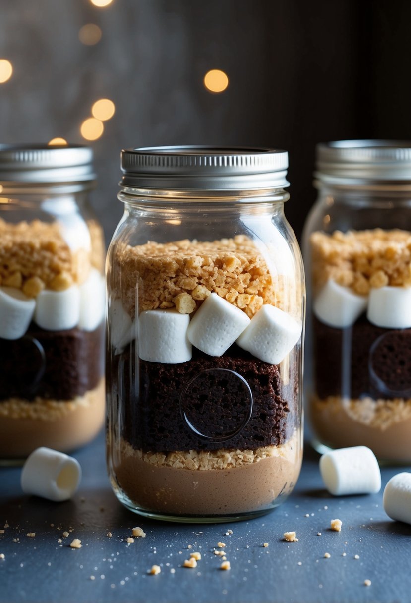 A table with three glass jars filled with layers of graham cracker crumbs, chocolate cake, and toasted marshmallows