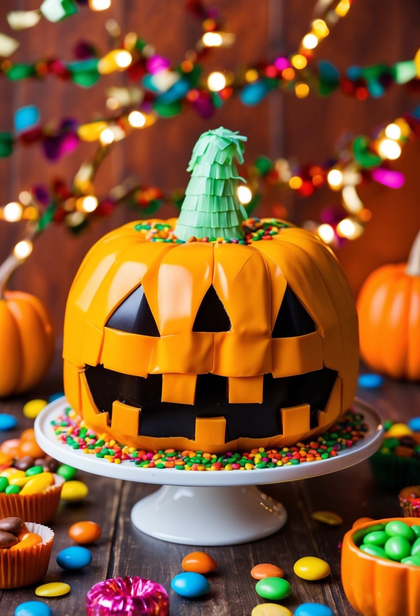 A festive pumpkin pinata cake surrounded by colorful candies and confetti