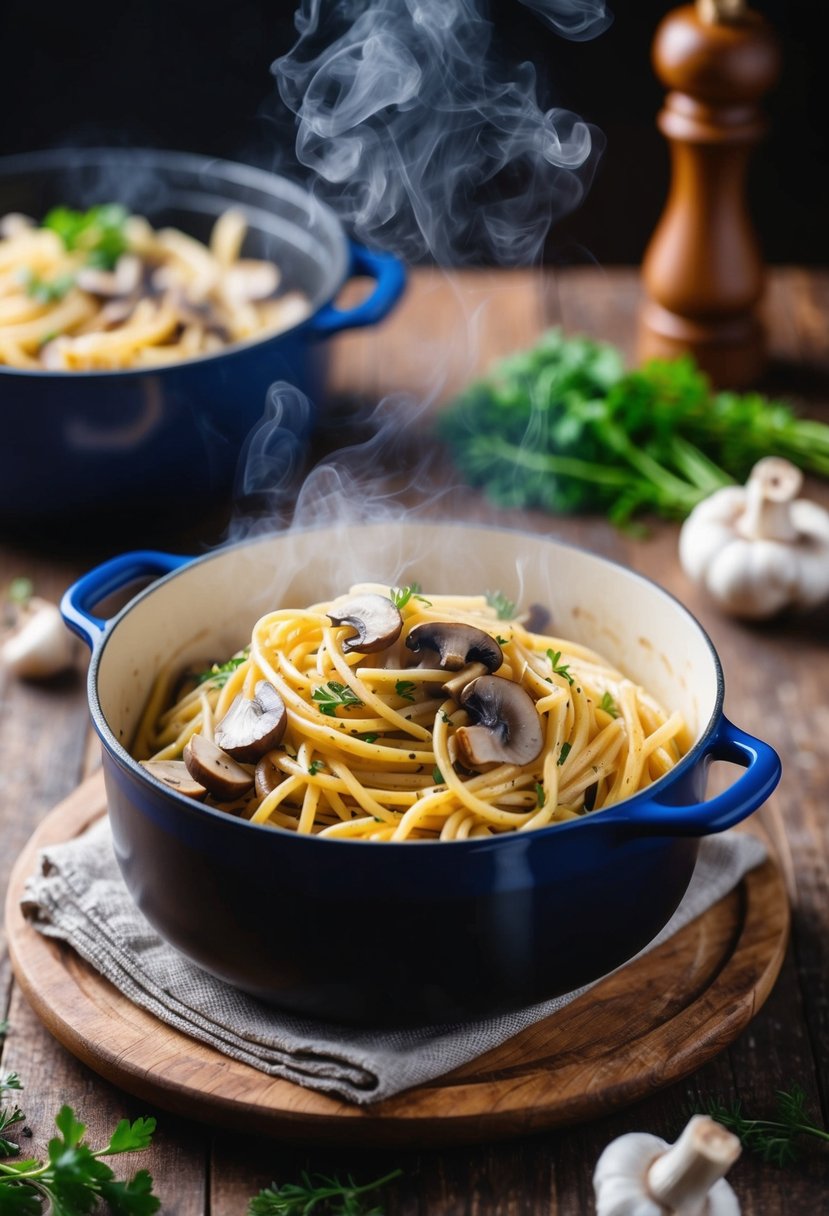 A steaming pot of garlic mushroom pasta with fresh mushrooms and herbs on a rustic wooden table