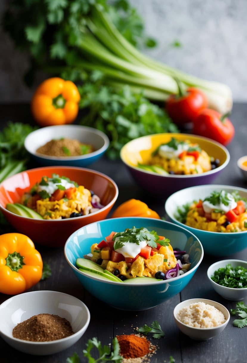 A table set with colorful bowls filled with breakfast burrito ingredients, surrounded by fresh vegetables and a variety of spices