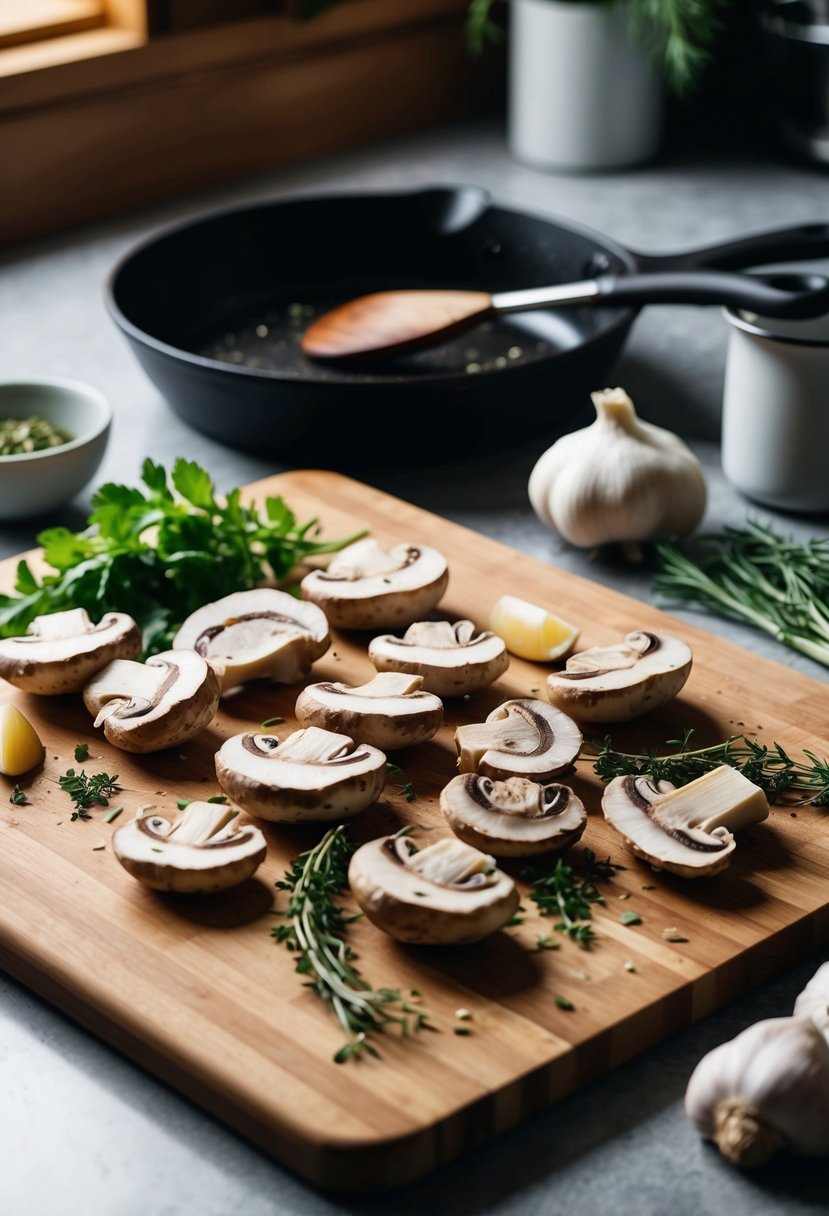 A cutting board with sliced king oyster mushrooms, garlic, and herbs, next to a skillet and kitchen utensils