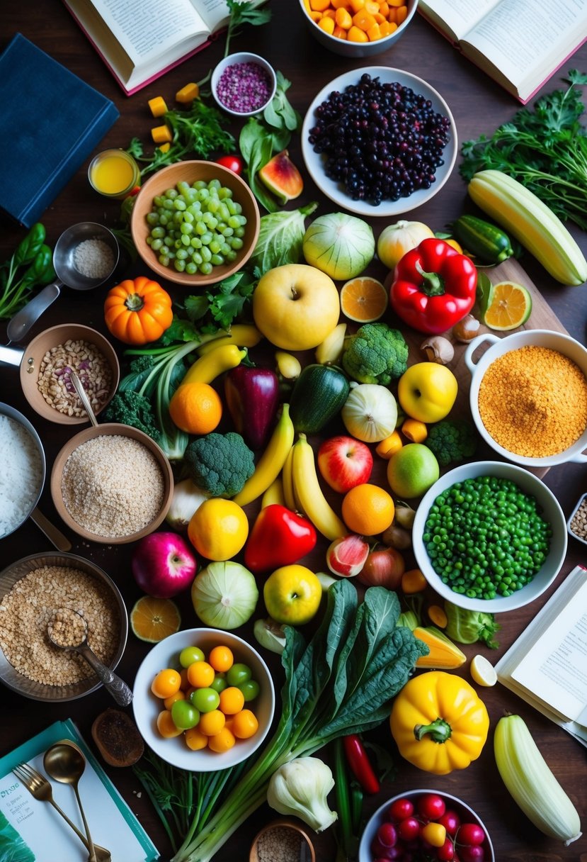 A table filled with colorful fruits, vegetables, and grains, surrounded by a variety of cooking utensils and recipe books