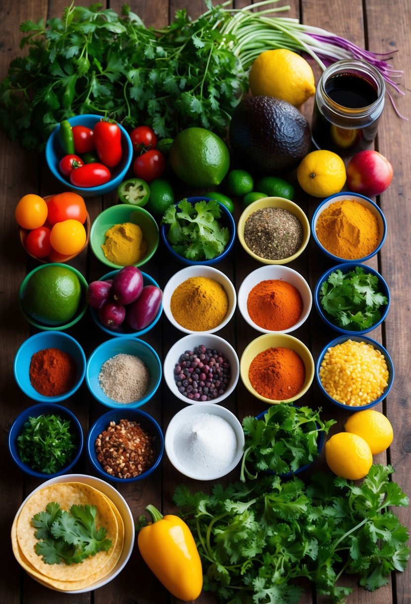 A colorful array of fresh ingredients and spices laid out on a wooden table, ready to be used in creating customizable tacos