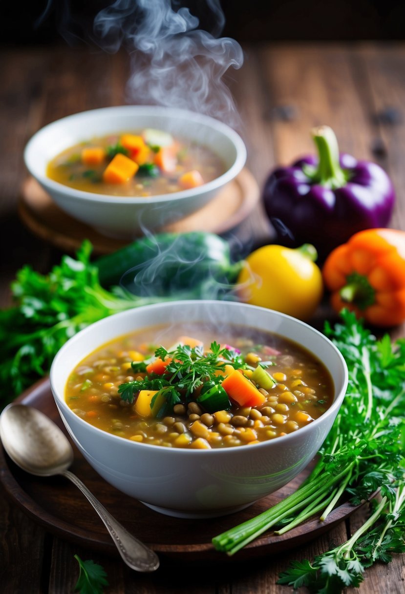 A steaming bowl of lentil soup surrounded by colorful vegetables and herbs on a rustic wooden table