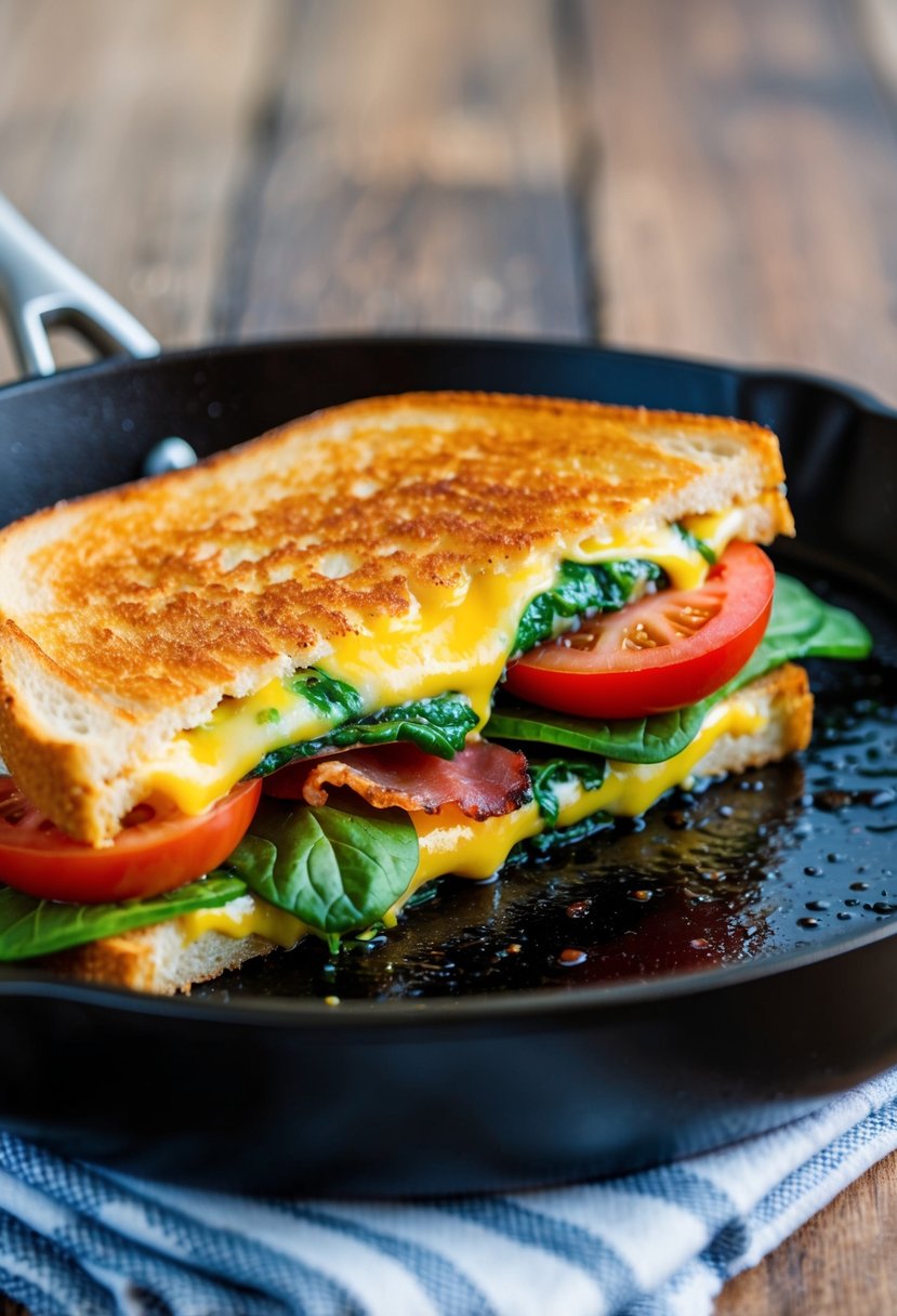 A sizzling grilled cheese sandwich with a colorful array of ingredients, such as tomatoes, spinach, and bacon, sizzling on a hot skillet