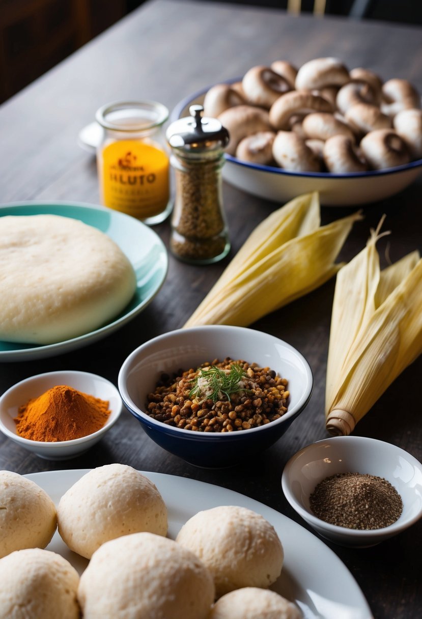 A table set with ingredients: oyster mushrooms, masa dough, corn husks, and various spices