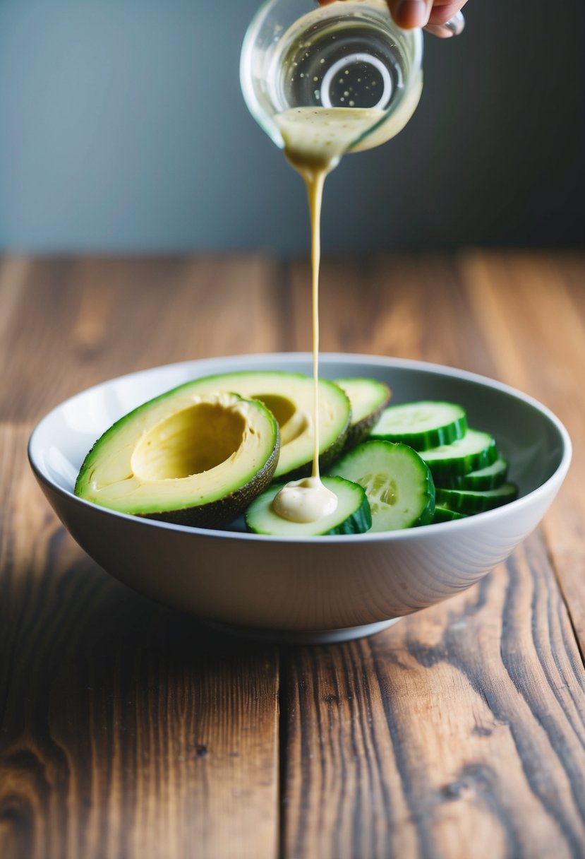 A bowl of sliced avocado and cucumber with a drizzle of dressing on a wooden table