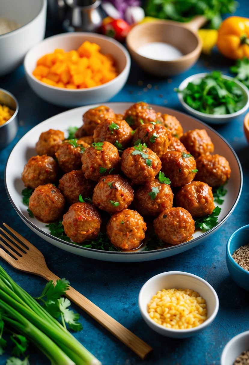 A table set with a platter of sweet and spicy meatballs, surrounded by colorful ingredients and cooking utensils