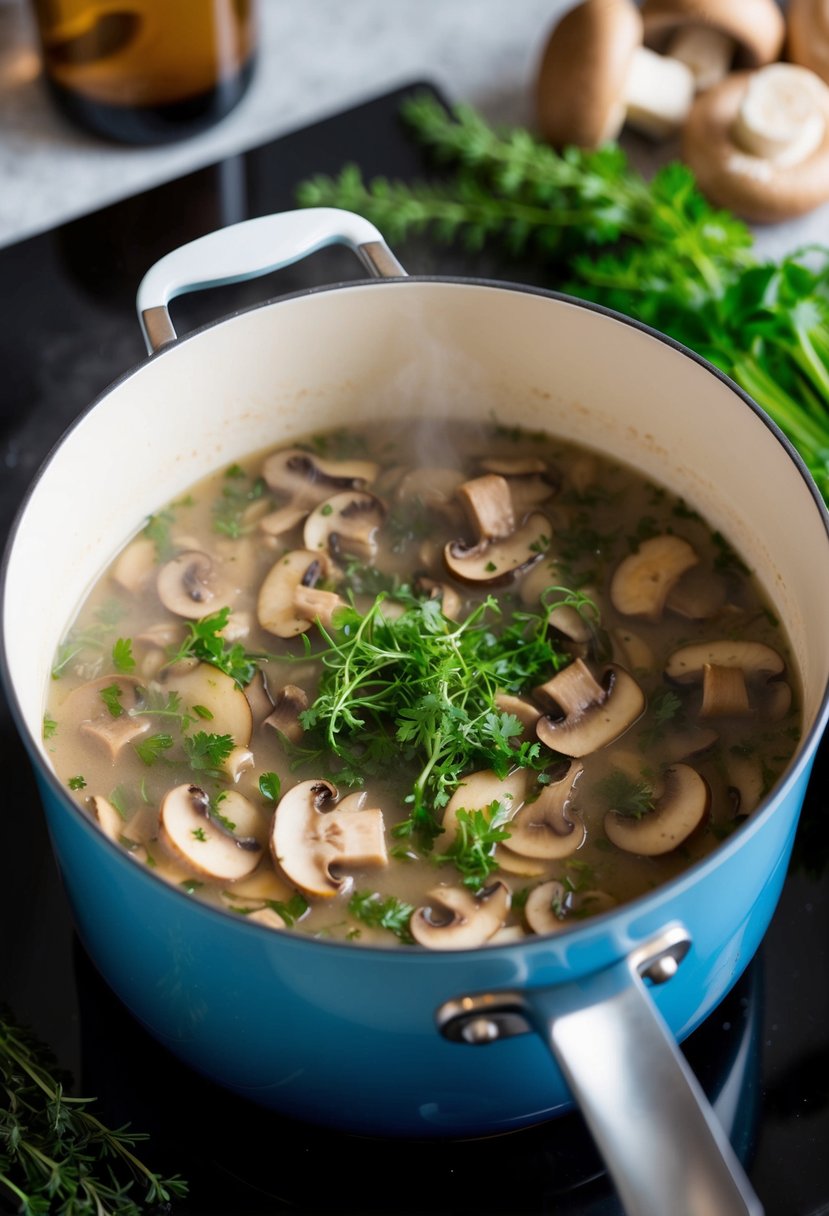 A pot of mushroom soup simmering on a stovetop, surrounded by fresh herbs and mushrooms