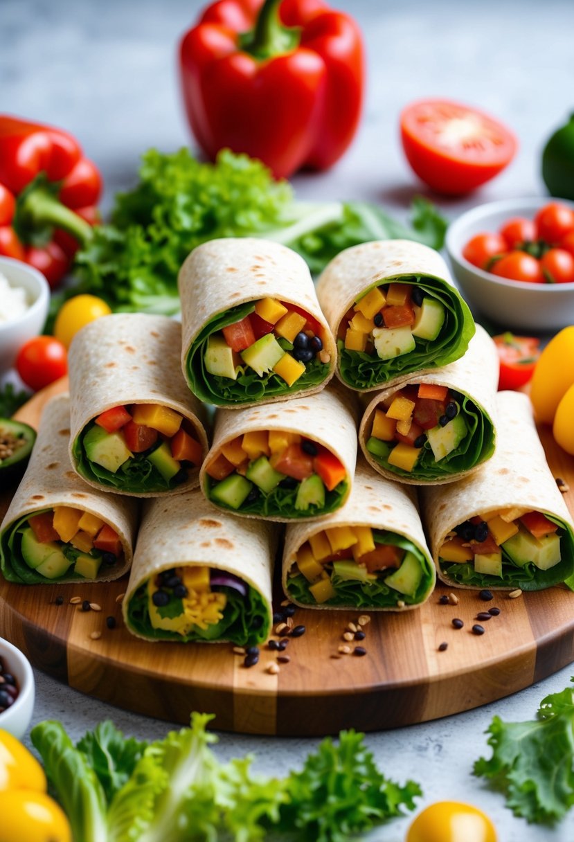 A colorful array of whole-grain veggie wraps arranged on a wooden cutting board, surrounded by fresh ingredients like lettuce, tomatoes, and bell peppers