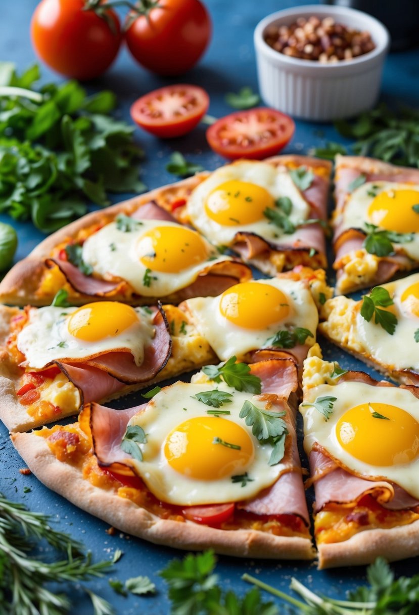 A colorful breakfast pizza with a crispy crust topped with ham, eggs, and melted cheese, surrounded by fresh herbs and tomatoes