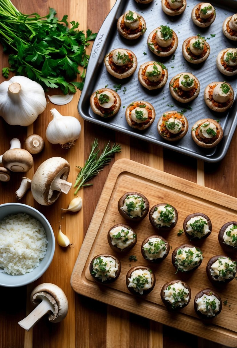 A wooden cutting board with assorted mushrooms, garlic, and herbs, a mixing bowl, and a baking sheet with stuffed mushroom caps ready for the oven