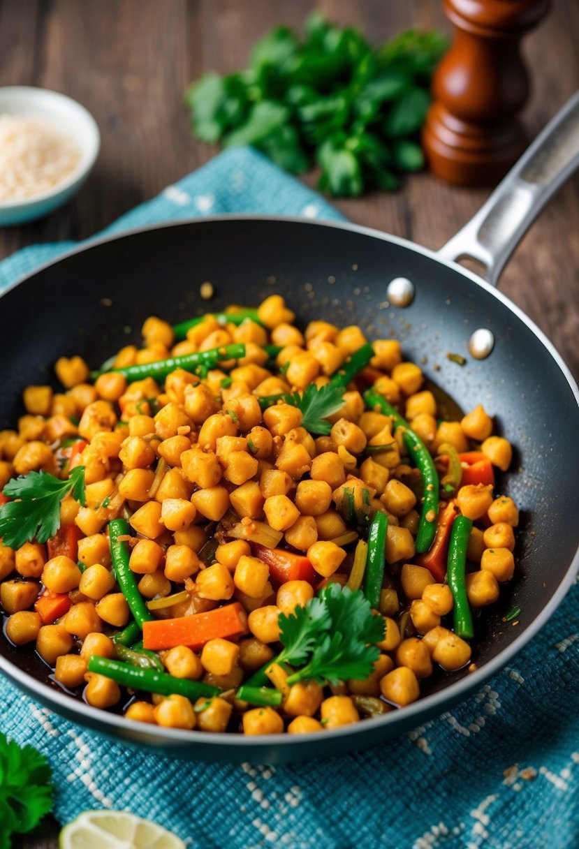 A sizzling pan of chickpea stir-fry with colorful veggies and aromatic spices