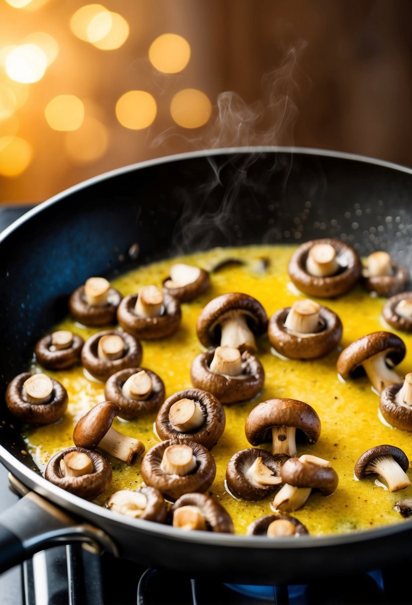 Sizzling mushrooms sautéing in a golden butter and garlic sauce in a hot skillet