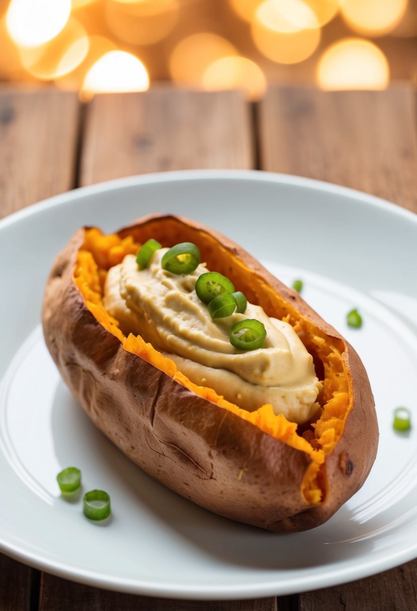 A golden baked sweet potato topped with creamy hummus on a white plate