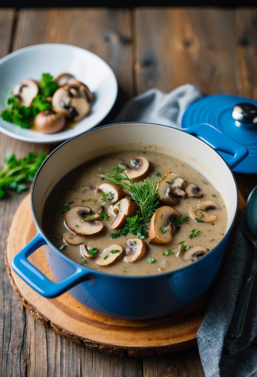 A simmering pot of mushroom gravy with fresh mushrooms, herbs, and spices on a rustic wooden table