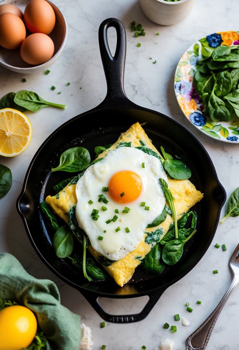 A sizzling skillet holds a fluffy spinach and egg white omelette, surrounded by fresh ingredients and a colorful plate