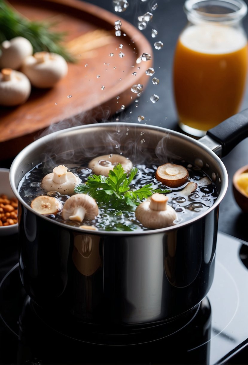 A pot of boiling water with Djon Djon mushrooms and ingredients