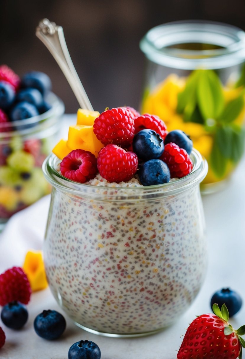 A glass jar filled with chia pudding topped with a colorful assortment of mixed berries