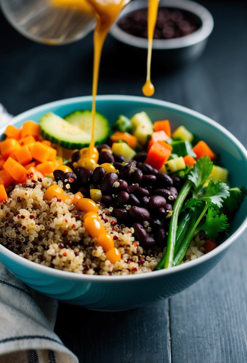 A colorful bowl filled with cooked quinoa, black beans, and assorted vegetables, topped with a drizzle of sauce