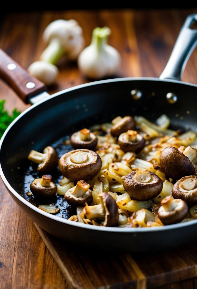 Sizzling mushrooms and onions frying in a skillet