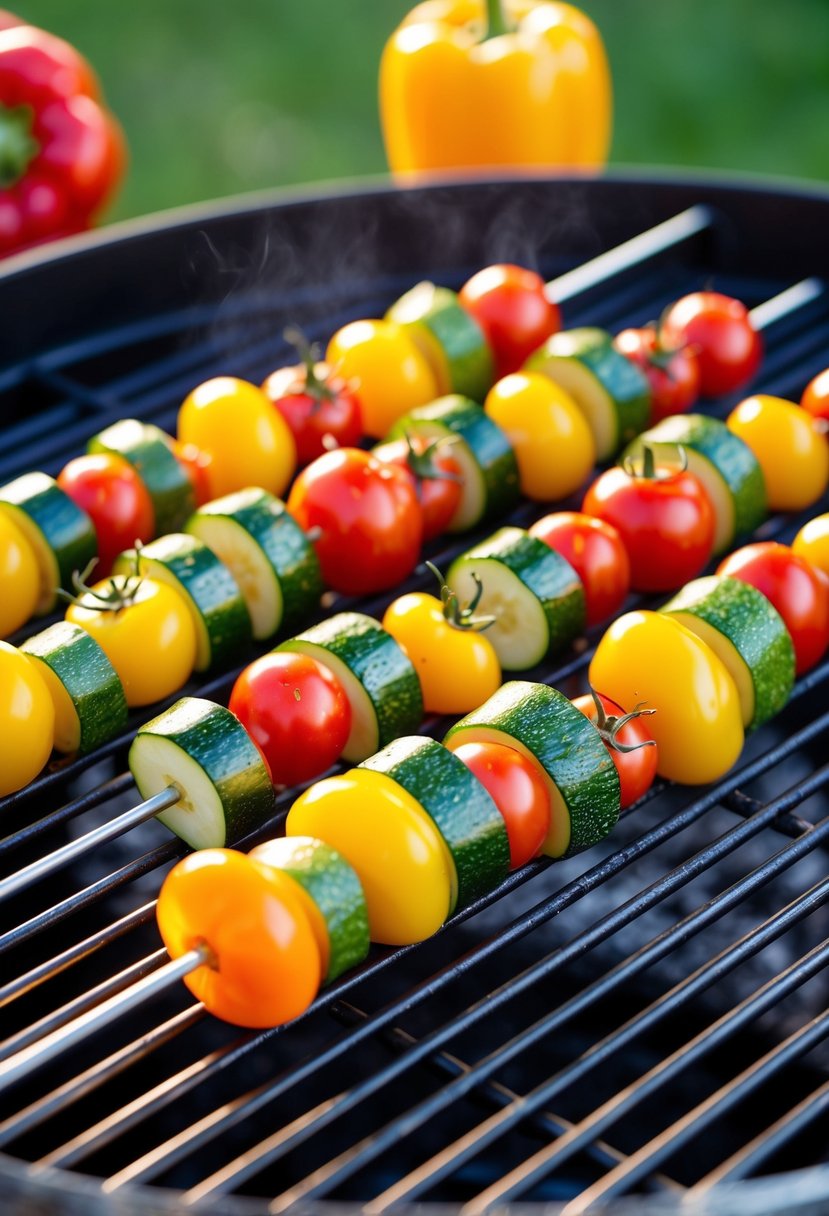 Fresh vegetables skewered on metal rods over a grill. Sunlight casts a warm glow on the colorful array of bell peppers, zucchini, and cherry tomatoes