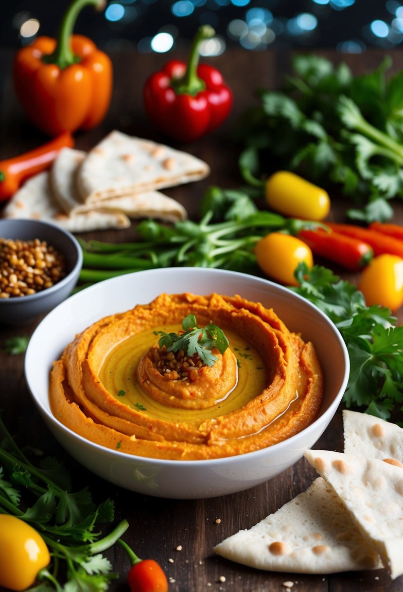 A bowl of roasted red pepper hummus surrounded by fresh vegetables and pita bread