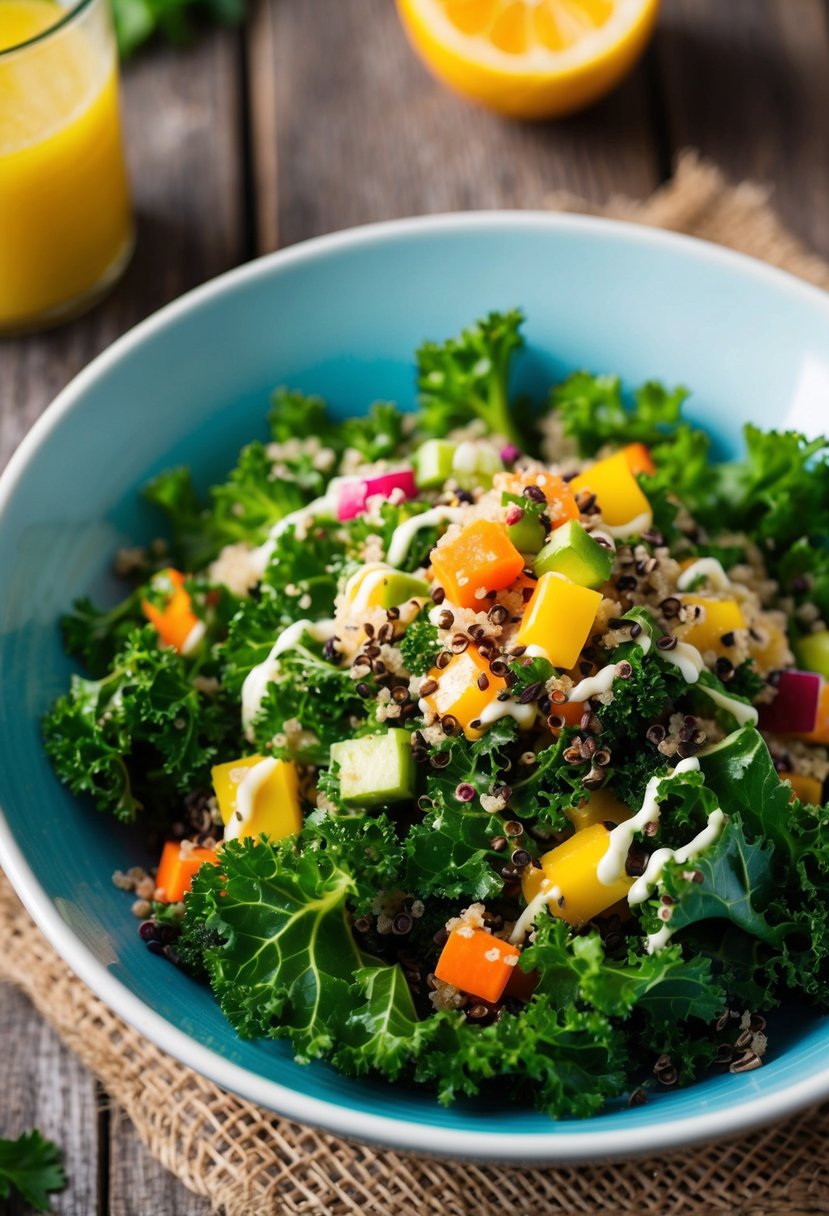 A vibrant bowl of kale and quinoa salad, topped with colorful vegetables and drizzled with a light vinaigrette, sits on a rustic wooden table