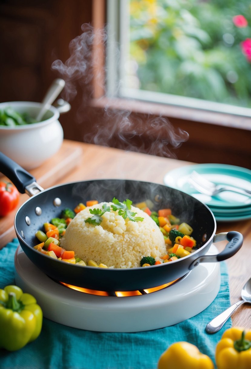 A sizzling pan of colorful vegetables and cauliflower rice, steaming and ready to be served