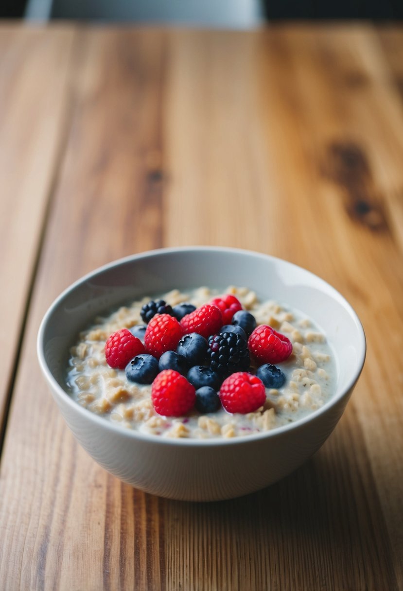 A bowl of oatmeal topped with fresh berries sits on a wooden table