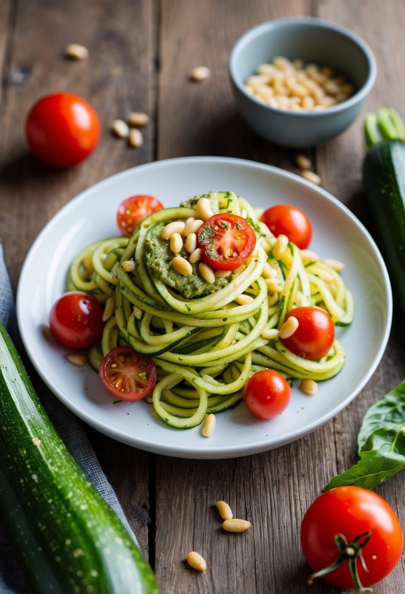 A plate of zucchini noodles topped with pesto, garnished with pine nuts and cherry tomatoes, sits on a rustic wooden table